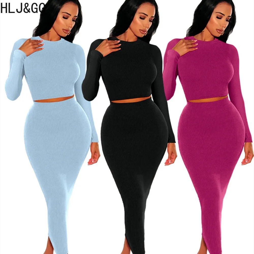 

HLJ&GG Elegant Office Lady Skirts Two Piece Sets Women Round Neck Long Sleeve Crop Top + Skinny Skirt Outfits Fashion Streetwear