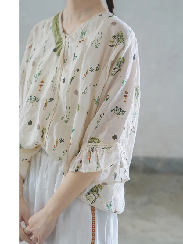 

New Chinese Sle Women's Summer irt Loose Fit Floral Print Linen Casual Vintage Top Tea Ceremony Clothing Five Sve Length