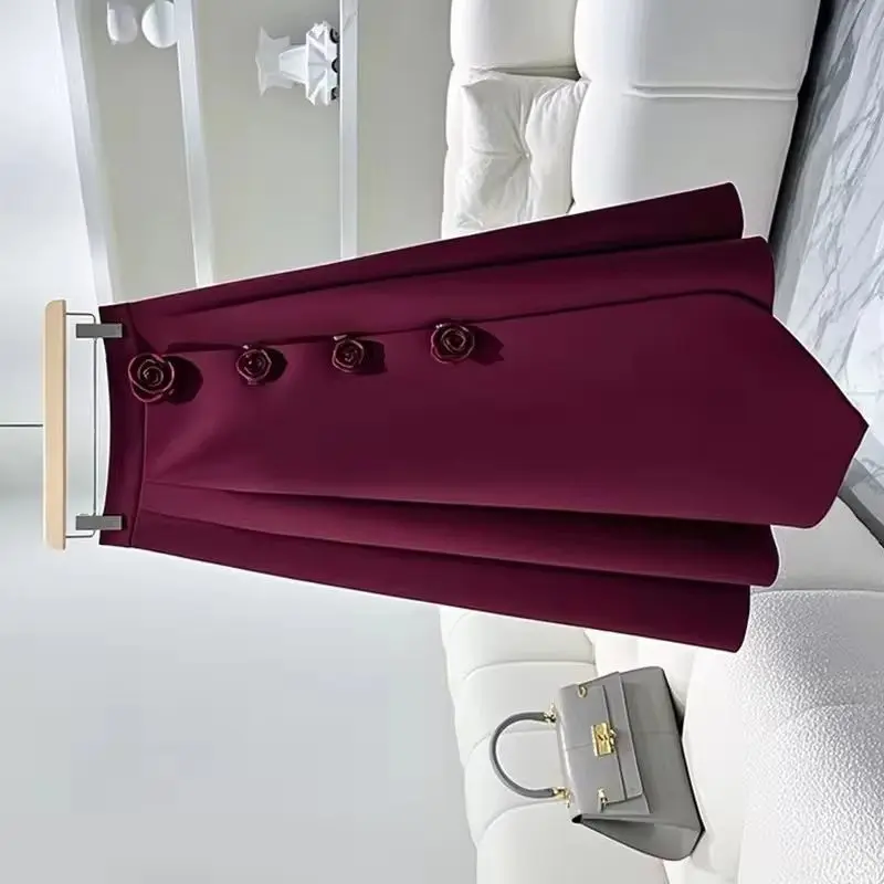 

Spring Autumn New Fashion 3D Flower Women's Skirt High Waist Irregular Solid Color Pleated Elegant Skirts OfficeWomen Clothing