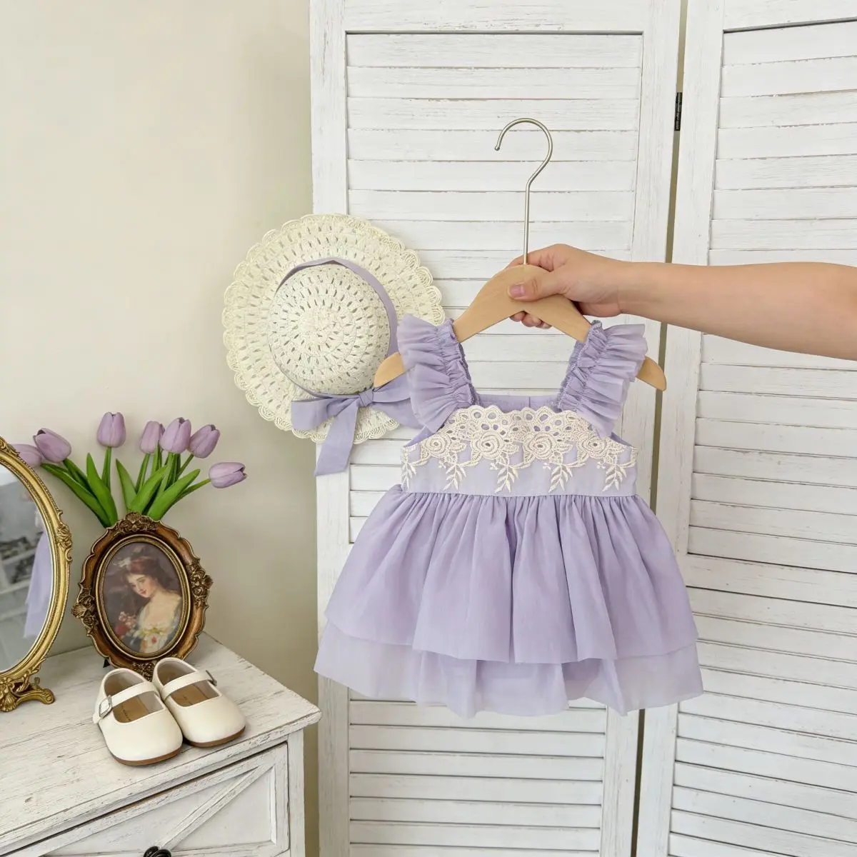 2026 Summer New Girls Lace Embroidery Mesh Sling Dress + Straw Hat Baby Girl Cute Sweet Sleeveless Bodysuit Toddler Clothes