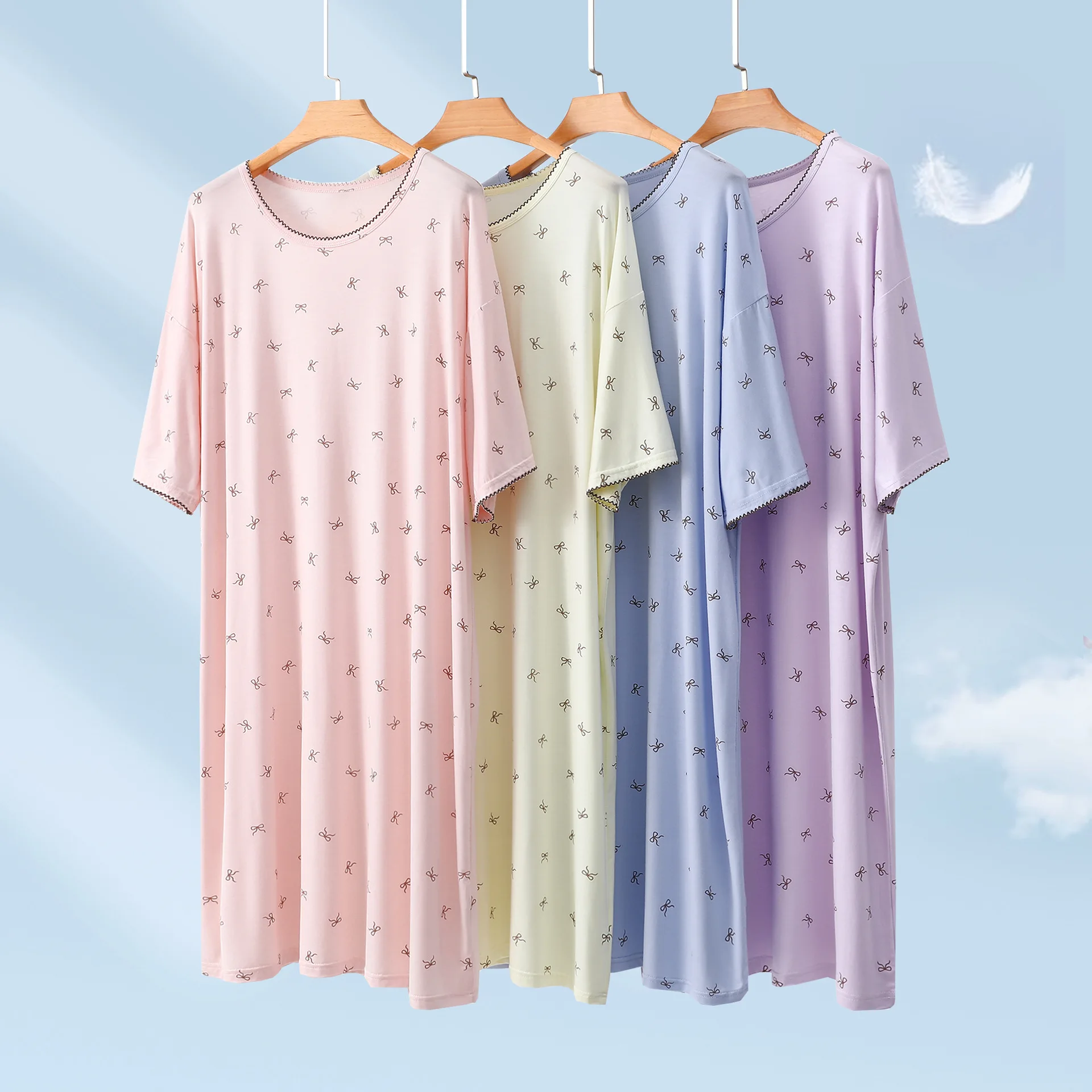 High quality Sleepdress Summer comfortable homewear dress Mid-Length Cute nightdress Bowknots Print nightdress solid color