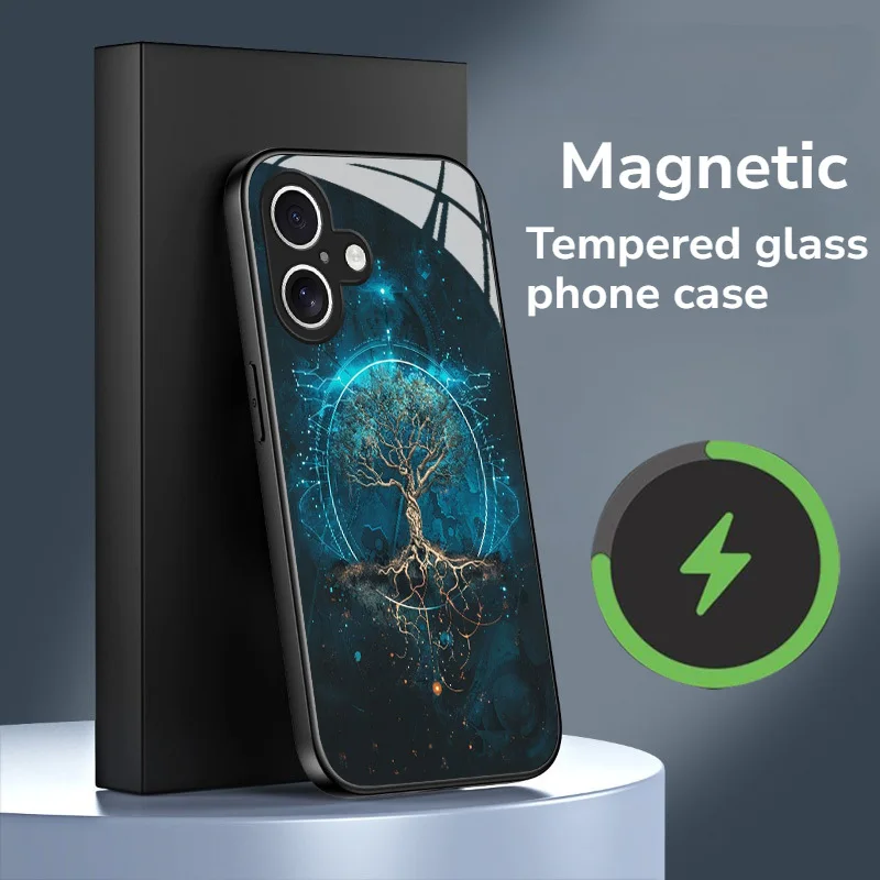 

Trendy Innovative Divine Tree Pattern Magnetic Tempered Glass Phone Case for IphoneMAX/11/12/13/14/15/16/17 Air/Plus/Pro/Pro MAX