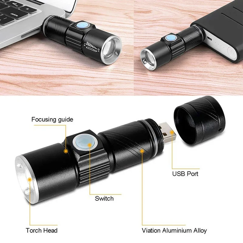 Mini Portable Q5 Zoom Flashlight 3 Modes Built-in Battery USB Rechargeable Waterproof Aluminum Alloy Torch Outdoor Riding Lamp