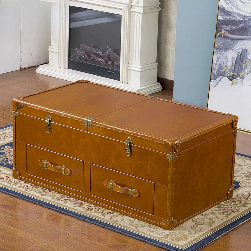 

Loft coffee table leather box industrial style creative retro European oil wax leather personalized tea table retractable