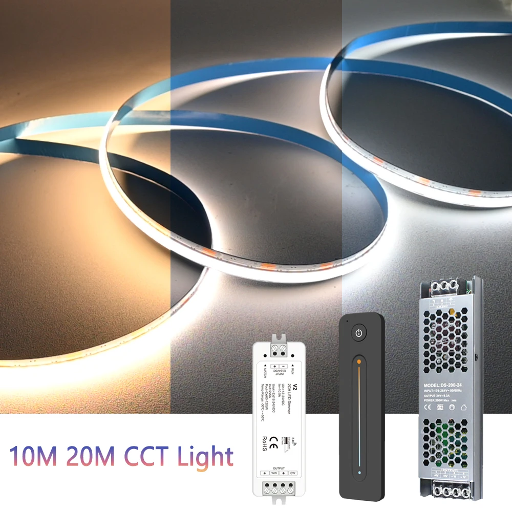 

5M 10M 20M COB CCT LED Strip 24V no Point Flexible High Density Dimmable Ceilling Room Light 2.4G RF Remote Control 2700K-6500K