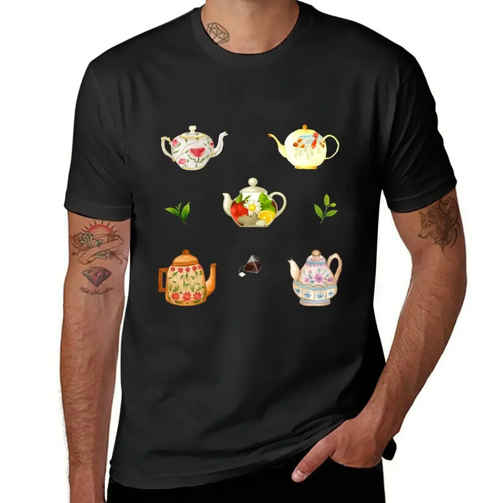 Flower Teapots and Green Tea Leaves T-Shirt plus size tops oversized sweat Men's t shirts