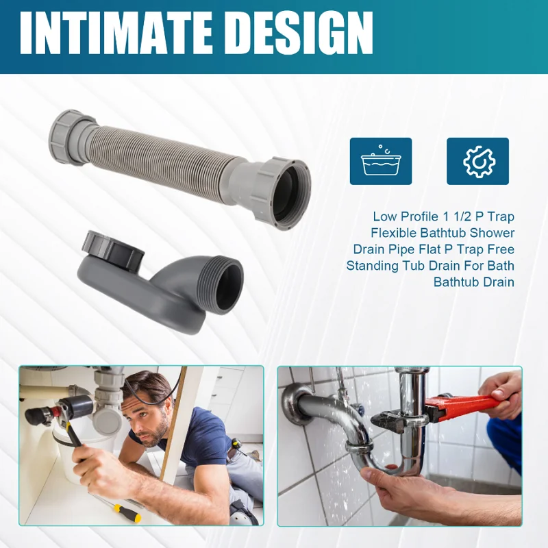 Low Profile 1 1/2 P Trap Flexible Bathtub Shower Drain Pipe Flat P Trap Free Standing Tub Drain For Bath Bathtub Drain