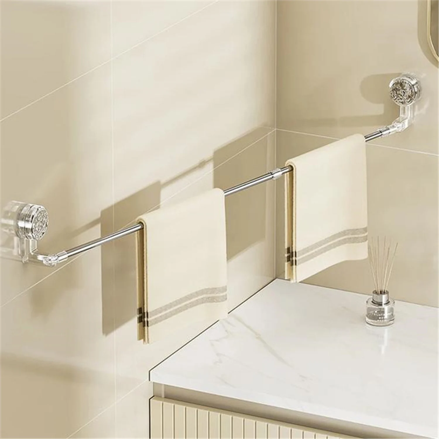

Sucker Hanging Wall Towel Rack No-drill Easy Installation Telescopic Hanging Rod 180° Free Rotation Flat/Turning Feet Shelf