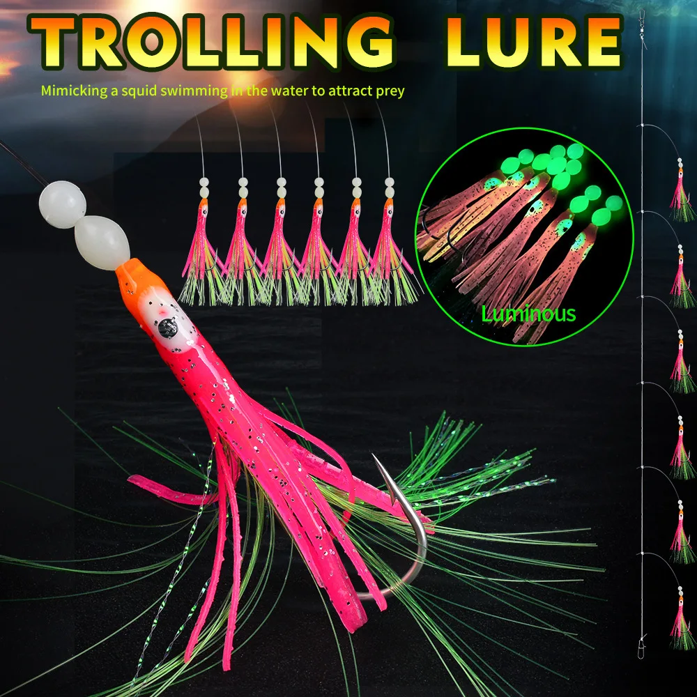 New Arrival Glow-in-the-Dark Squid Hooks for Night Fishing on Tuna and Mackerel Ocean Boat Fishing Lures Set for Lure Fishing