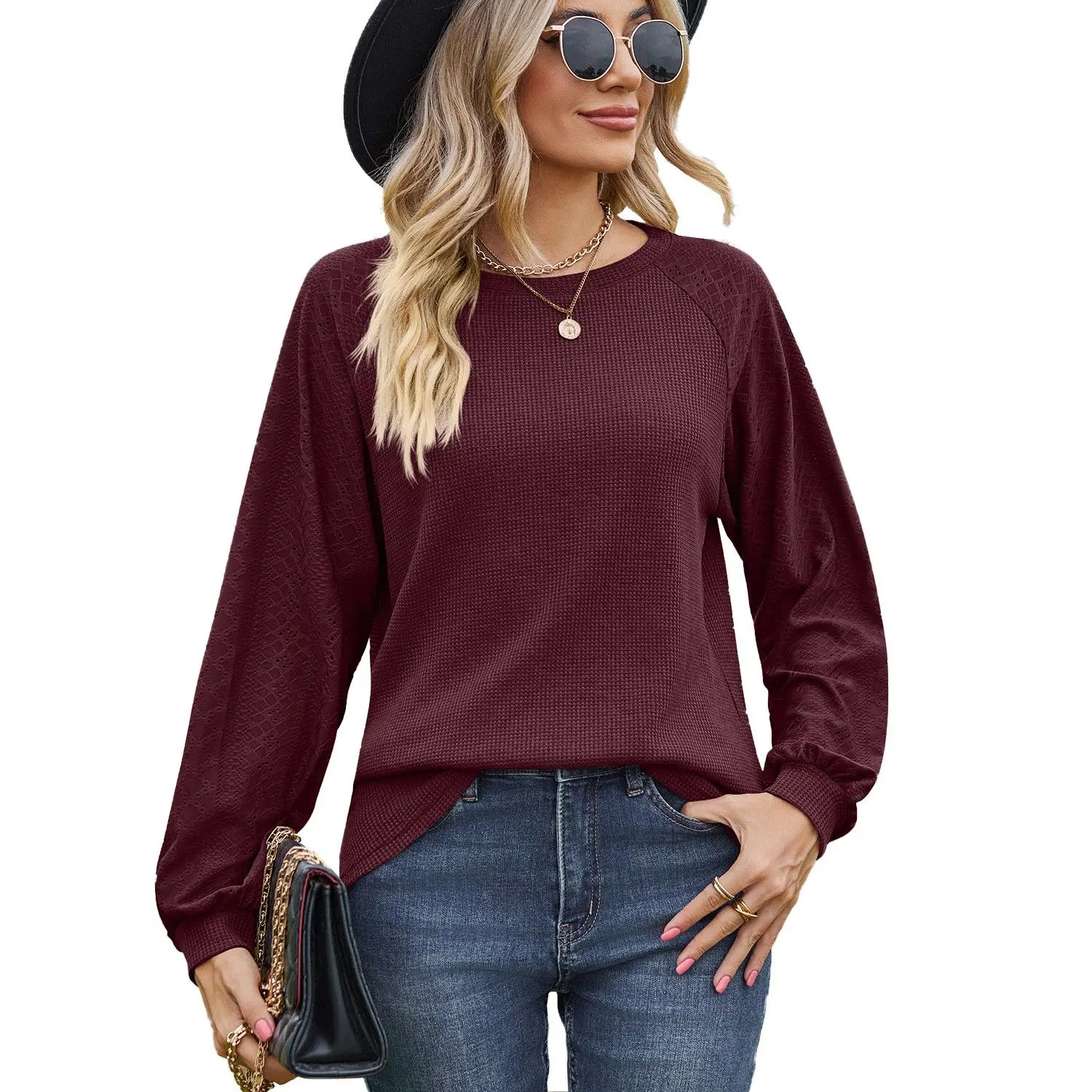 Loose Long Sve round Ne T-irt Women's Pure Color Splicing Oversize Top Autumn Winter New Sle Faion Ladies' Tee