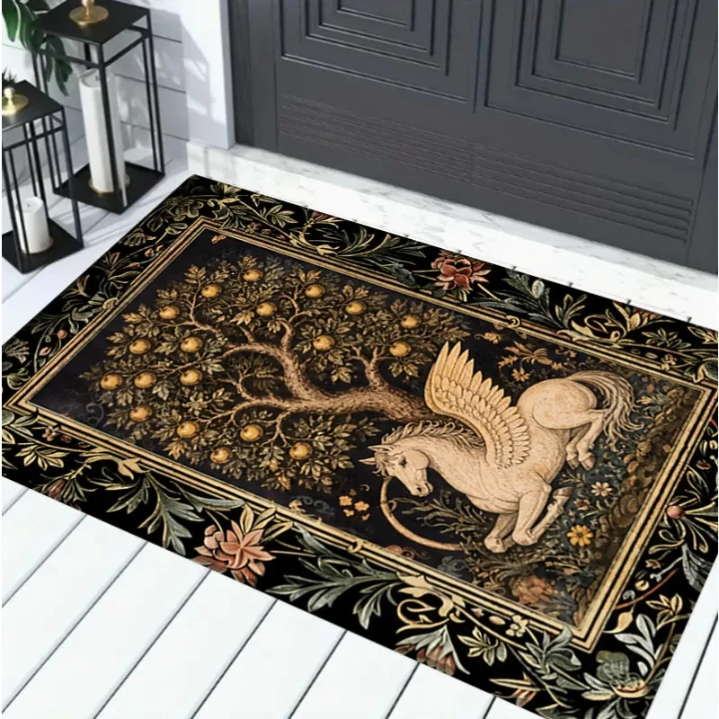 Durable Wear Proof Doormat Antique Pegasus Tree of Life Medieval Art Floor Mat for Front Door Porch Home Decor Halloween