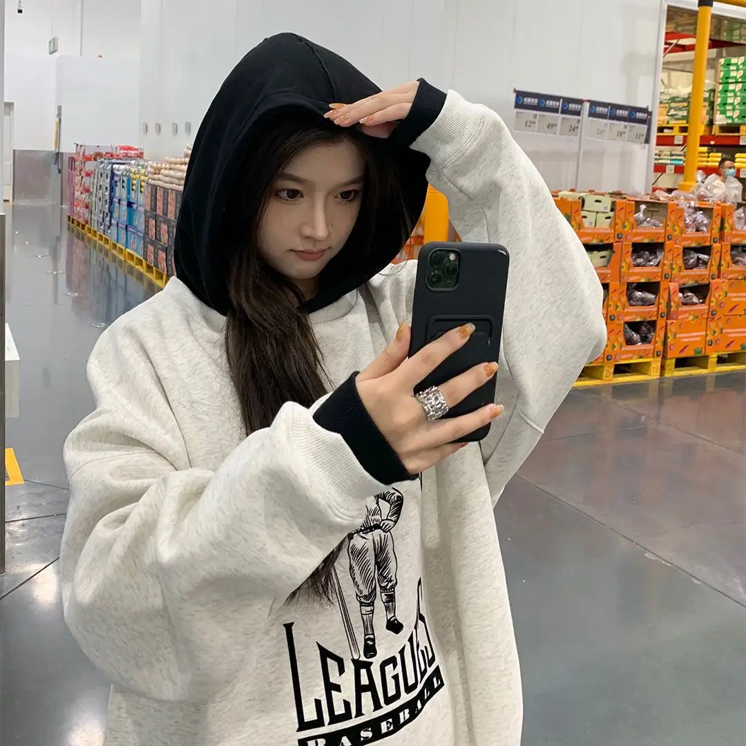 Pure cotton color block letter hooded American retro sweatshirt jacket for women plus velvet autumn and winter loose casual