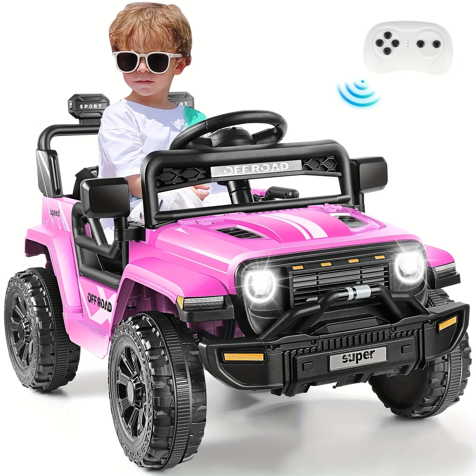 Coche de paseo con control remoto de 12 V para niños con reproductor de música, sistema de absorción de impactos, SUV eléctrico para niños y niñas pequeños