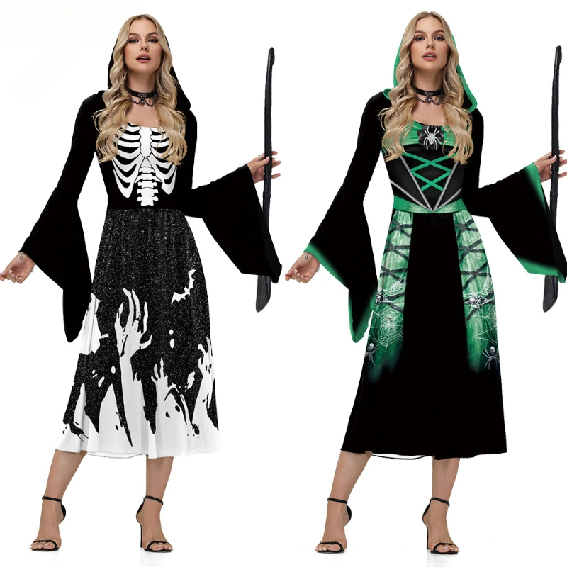 Costumes de Cosplay squelette d'halloween pour femmes, Robe médiévale, Robe de fête Vintage à capuche, vêtements effrayants de sorcière, jour des morts