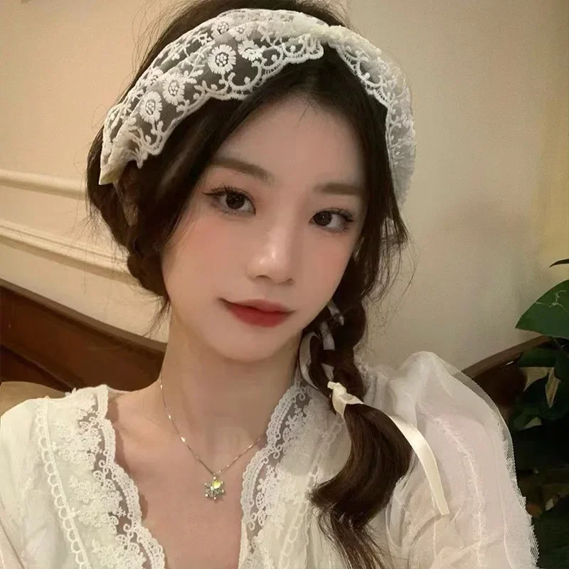 Sweet Summer Lace Triangle Headscarf Korean Woman Headwear Square Scarf Headband Turban Cap Girl Court Bonnet  Hair Accessories