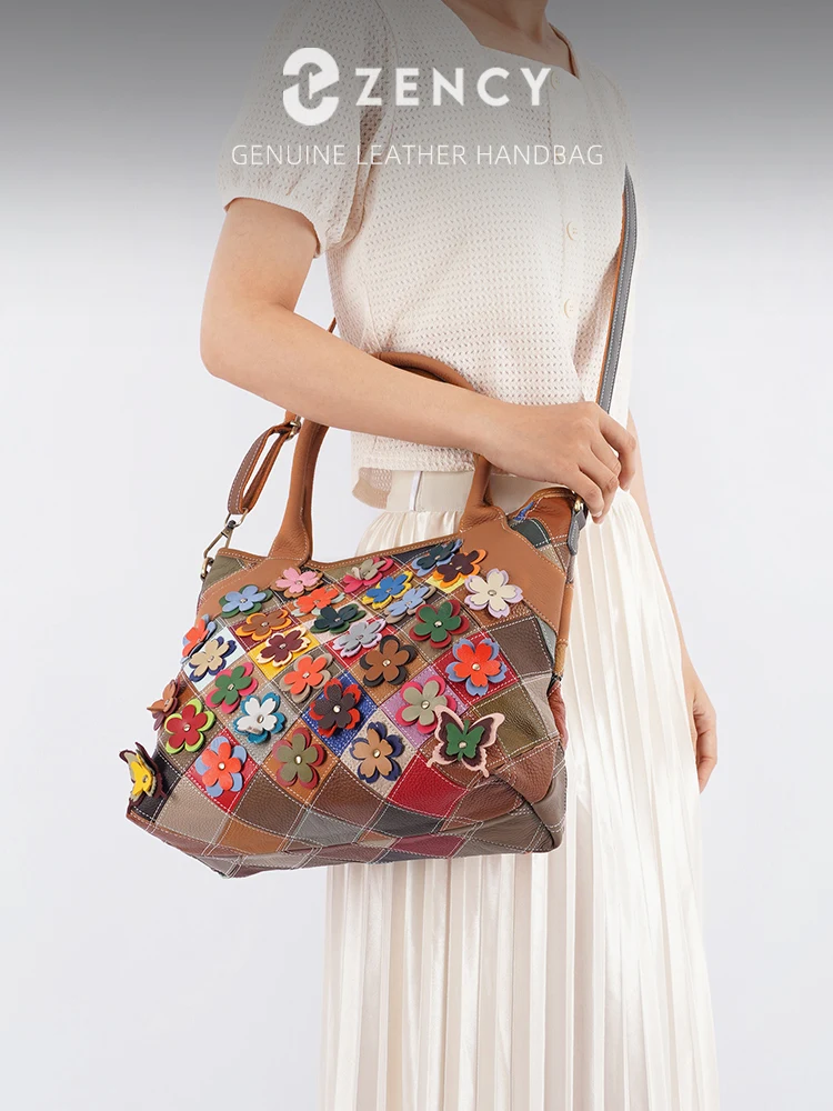 Zency Genuine Leather Shoulder Bag Decorative Floral for Women Soft Handbag Crossbody Designer Work Tote Bags Shopper Bag Purse