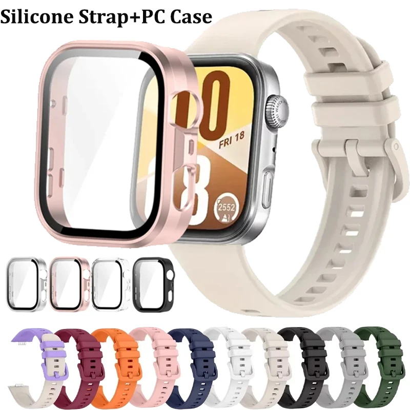 Silikonarmband + HD-PC-Gehäuse für Huawei Watch Fit 3/4, atmungsaktives Armband, Huawei Watch Fit 4 Pro, schützender Bildschirm, gehärtetes Glas