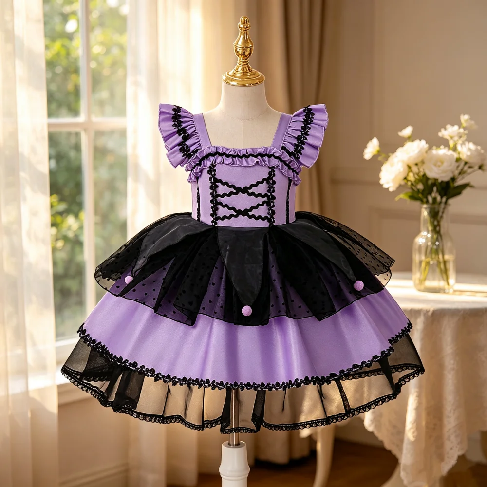 Girls' Black and Purple Sweet Cool Style Lolita Princess Dress Fluffy Tiered Party Dress