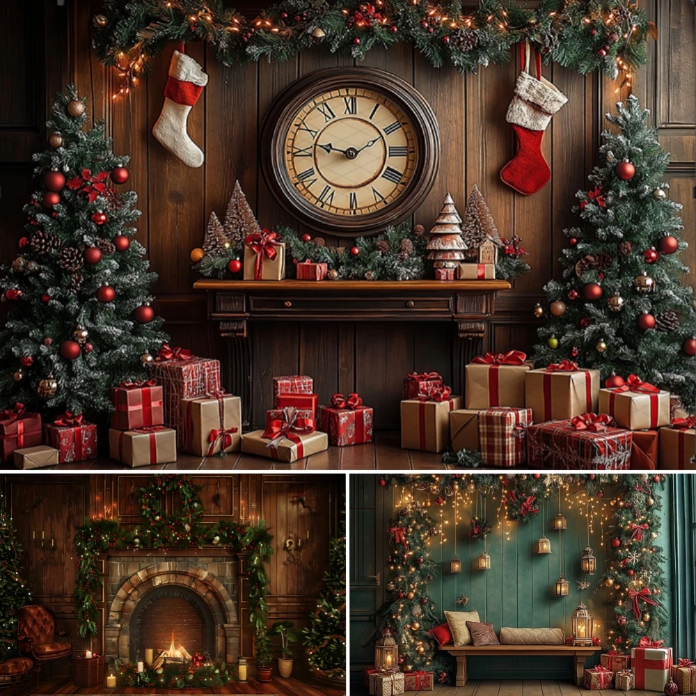 

Christmas PhotographyBackground Xmas Vintage Room Fireplace Xmas Tree Gift Kids Family Portrait Decor Backdrop Photo Studio