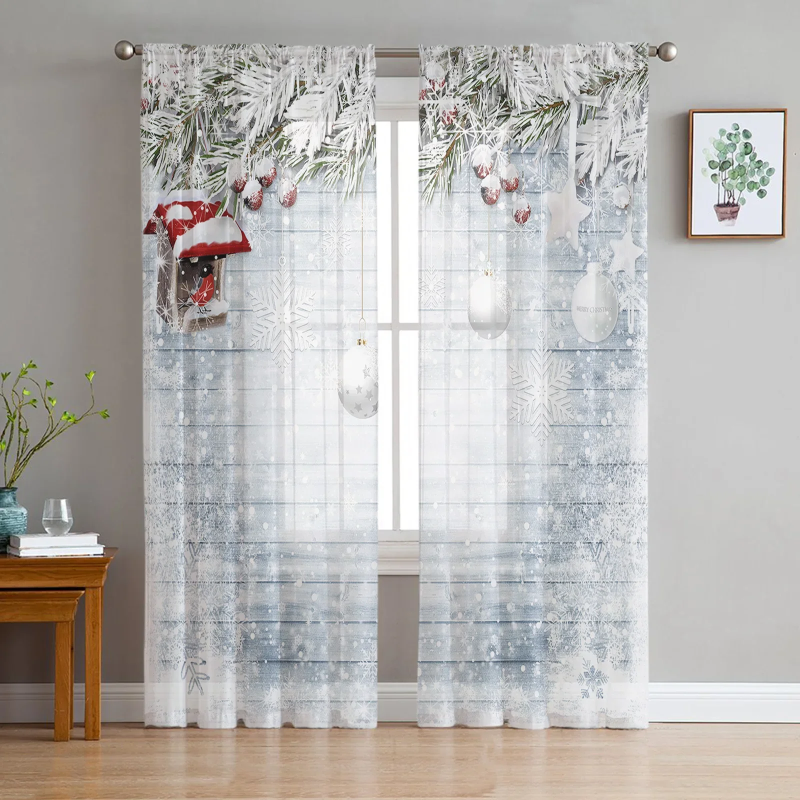 Christmas Shirt Leaf Pineapple Ball Vintage Tulle Drapes for Living Room Bedroom Sheer Window Curtains Balcony Voile Curtains