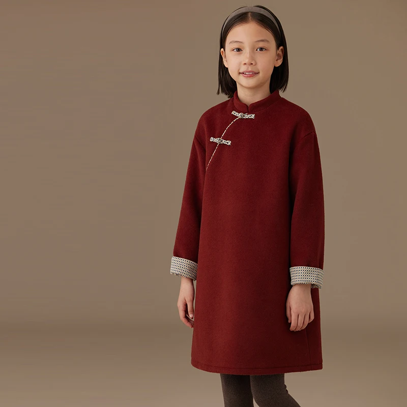 Female Child Clothes Fashion Girls Dresses Birthday 2024 Winter New Year Dress Children\'s Chinese Style Red Wool Dress Winter