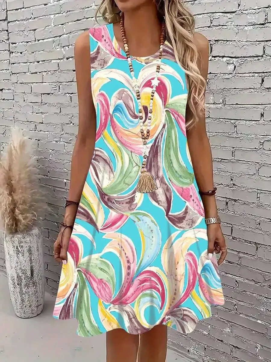 

Vibrant Abstract Floral Sleeveless A-Line Dress Round Neck Casual Sporty Outfit For Leisure Activities