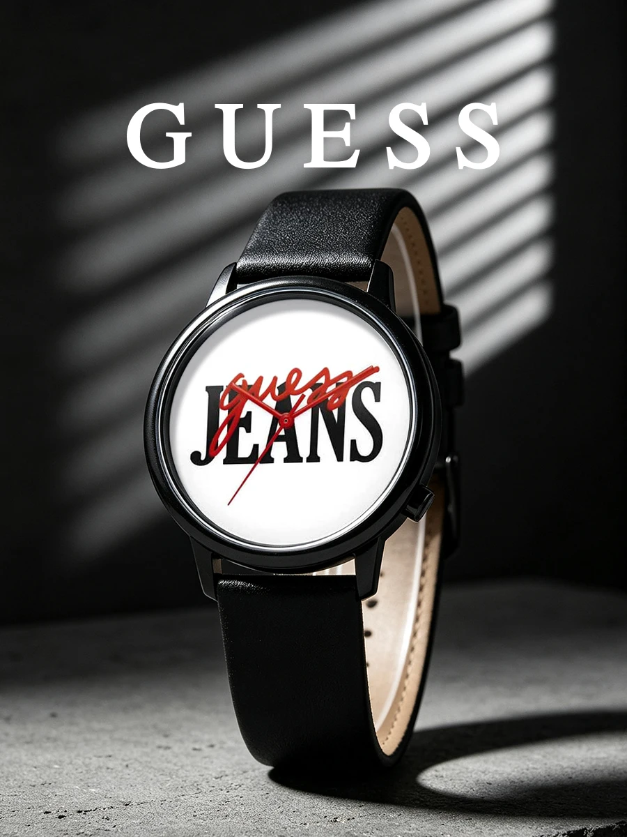 Guess Unisex Watch Black Leather Strap Black Tone Analog Quartz Wristwatch Jeans Logo Graphic Dial Streetwear Daily Accessory