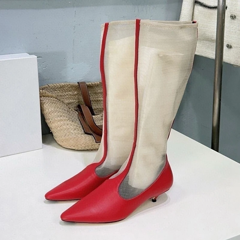 Genuine Leather Mesh Splicing Breathable Long Botas Women Pointed Toe Thin Heels Over-the-knee Boots Spring Autumn Modern Boots