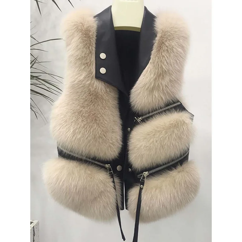Faux Fox Fur Vest Coats Women Spliced Sleeveless Jackets Zipper Lapel Neck Slim Thick Warm Fur Streetwear Casual 2025 Winter