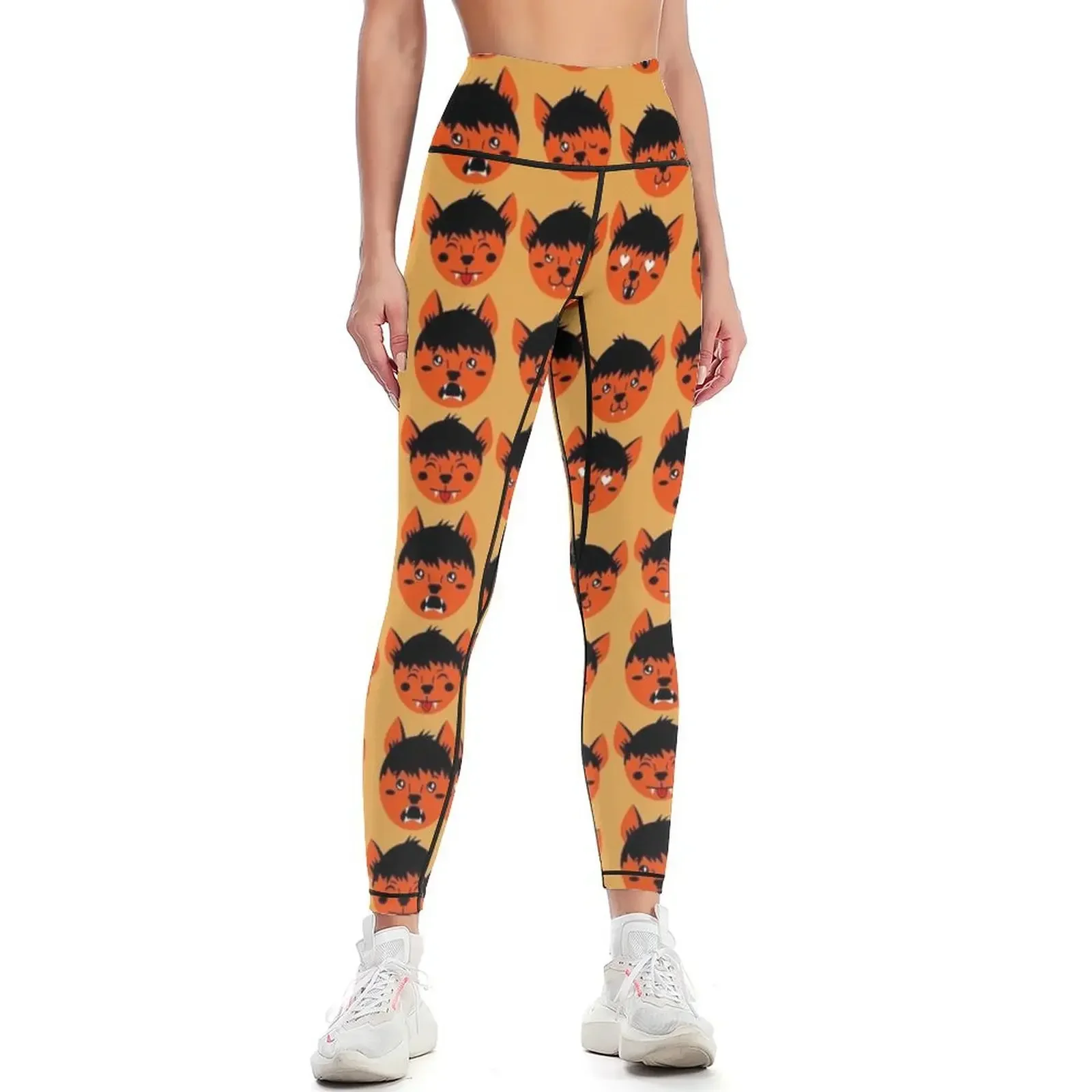 

Fire Orange & Spice Yellow Cute Werewolf Faces Pattern Leggings sporty woman gym workout clothes for Womens Leggings