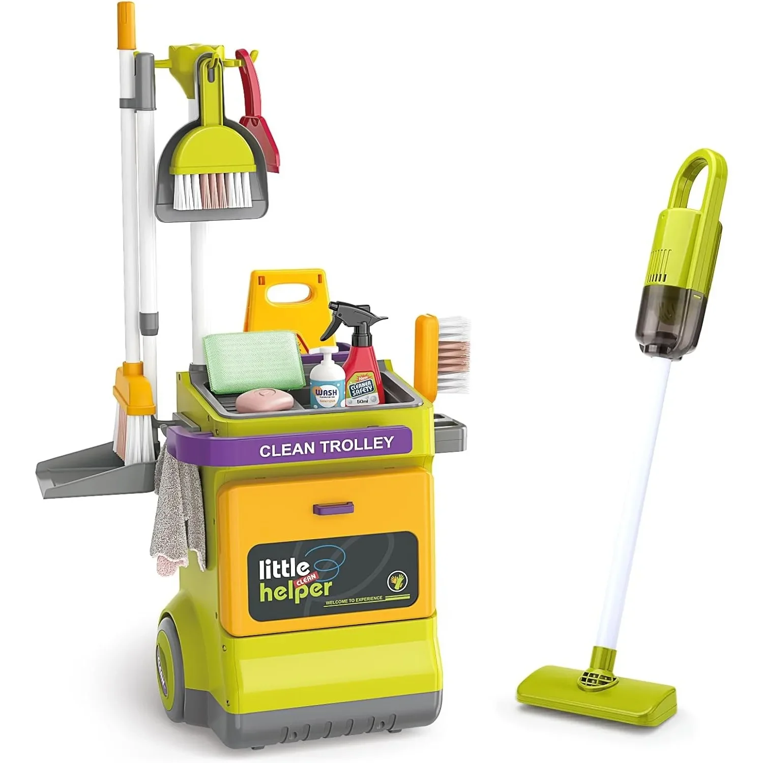 Juego de limpieza para niños pequeños, juego de simulación, carritos de limpieza educativos para niños pequeños con aspiradora Real, botella pulverizadora de escoba