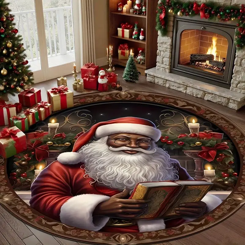 VIKAMA Christmas Circle Rug Black Santa Reading Book Ornate Border Print Decorative For Living Room Bedroom Dining Decor