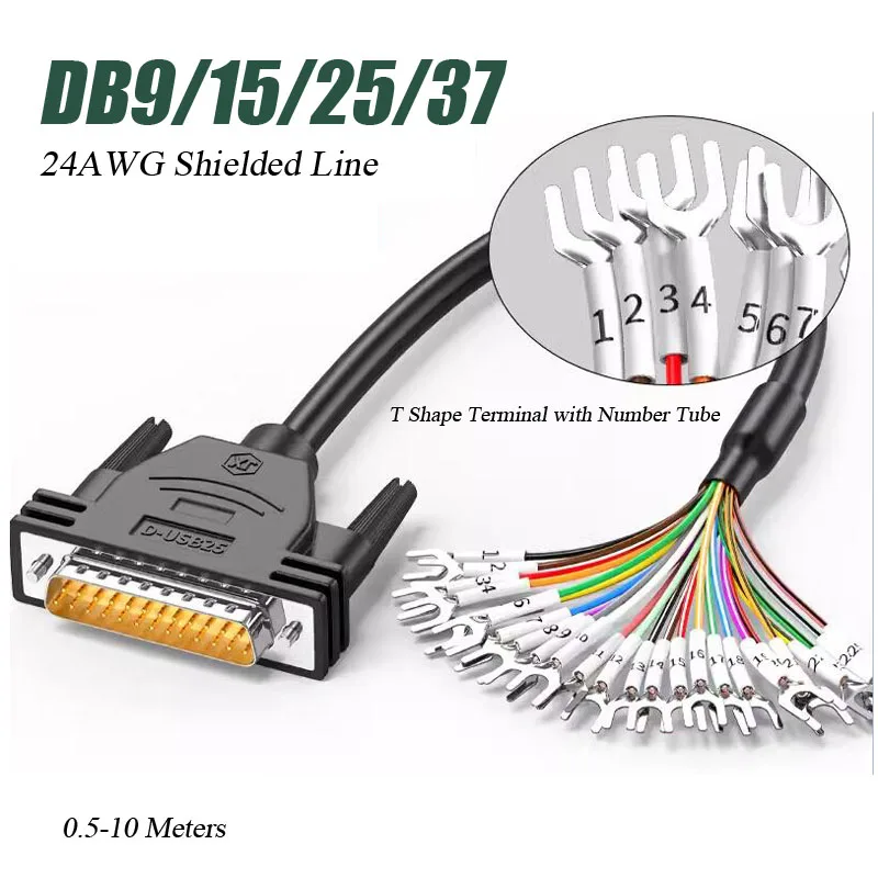 DB9 DB15 DB25 Male Female Single Head Line with U-shaped Terminal and Number Tube Industrial Shielded 24AWG 9/15/25 Pin PLC Wire