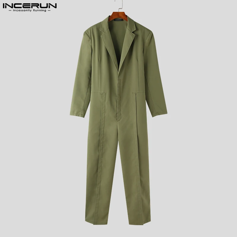 INCERUN Men Jumpsuits Solid Color Lapel Long Sleeve Loose Casual Rompers Men Streetwear 2024 Fashion Oversize Overalls S-5XL