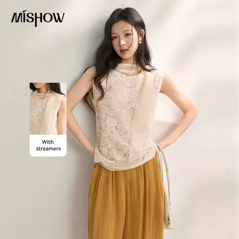 MISHOW Women Lace Floral Embroidered Blouse Two-Layer Fabric with Matching Scarf Casual Summer Sleeveless Tank Top MXF22X2636