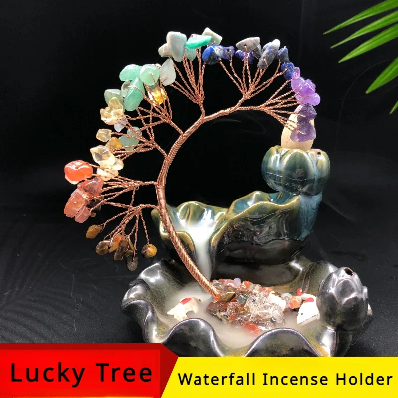 Waterfall Incense Holder Handcrafted Resin Incense Burner with Faux Stone Lucky Tree Ornament for Home Zen Meditation Decoration