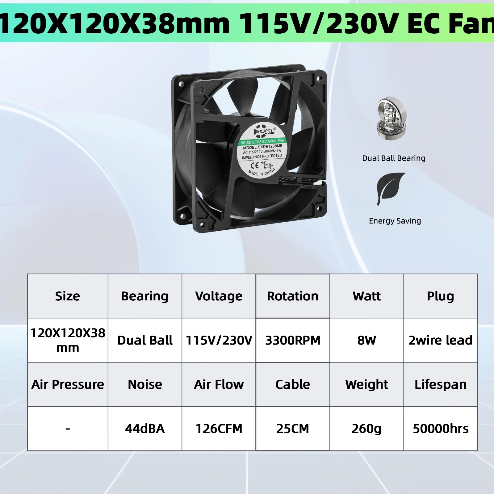 SXDOOL EC 115V 230V Cooling Fan Series - 60mm, 70mm, 80mm, 90mm, 120mm, 172mm Energy Efficient Brushless Fan Dual Ball Bearings