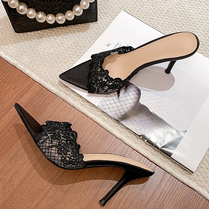 

Летние модные туфли-мюли Aneikeh в стиле ретро с острым носком, сетчатые, на высоком каблуке, для вечеринок, женские туфли-лодочки