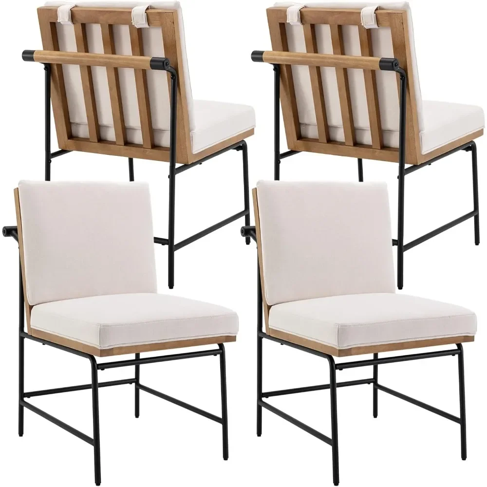 

Mid-Century Dining Chairs Set of 4, Linen Upholstered Side Chair with Rear Handle, Armless Chair with Metal Legs