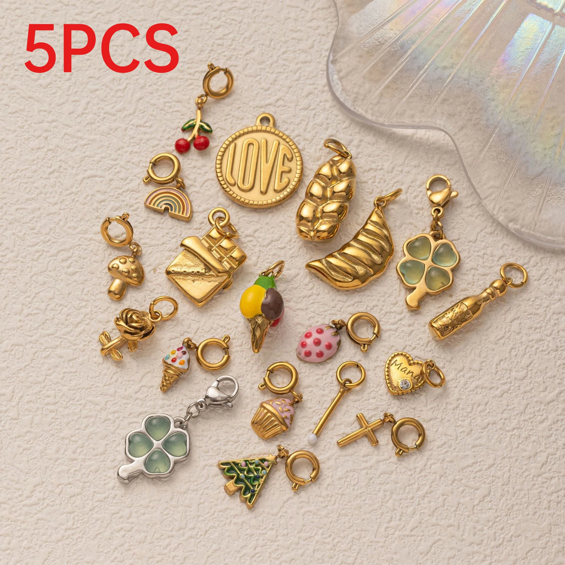 

5Pcs Stainless Steel Rose Heart Four Leaf Clover Charms Pendants DIY Bracelet Necklace Jewelry Making Accessories