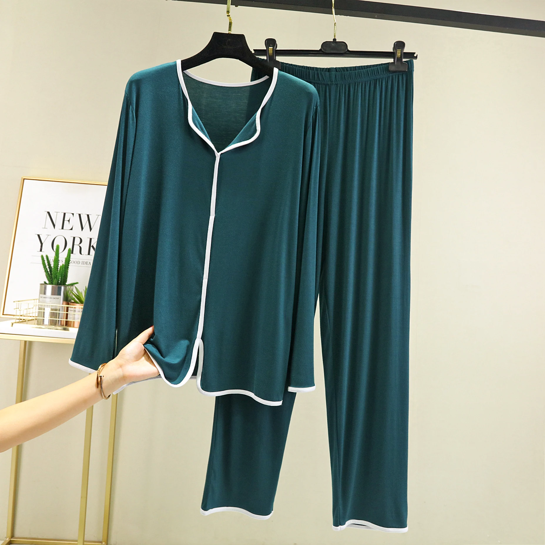 

Modal Spwear Set Women's Loose Home Top Thin Long Sve Pants Two-Piece Set Spring Autumn Comfortable V-Ne Polyester