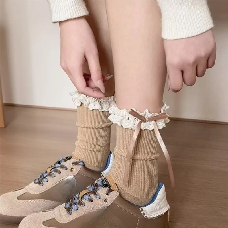 5足組 多用途 ホワイトレース レディース 春秋スタイル ミッドチューブソックス 蝶結び付き カレッジスタイル レディースソックス