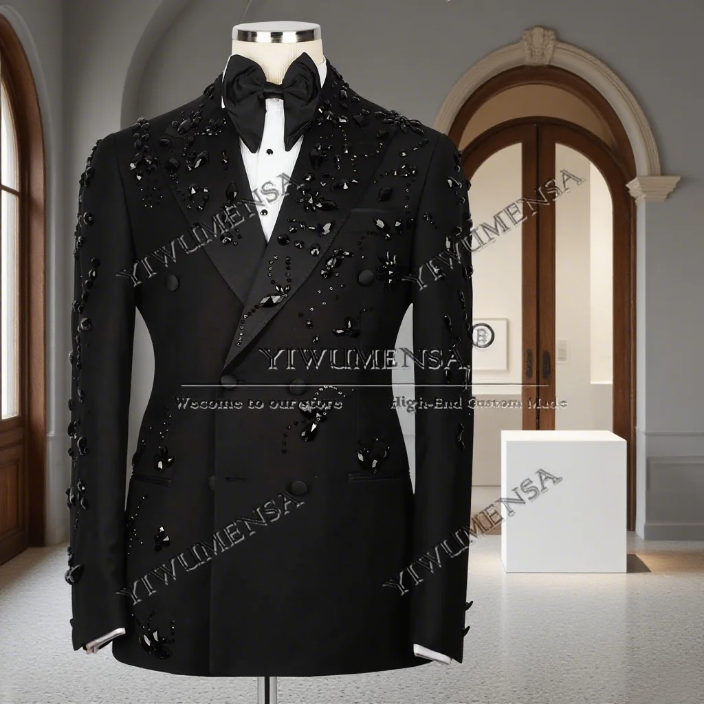 

Metallic Jewelry Stones Suits Men 2 Pieces Double Breasted Prom Blazers Customized Costume Homme Groom Business Tuxedos Suit