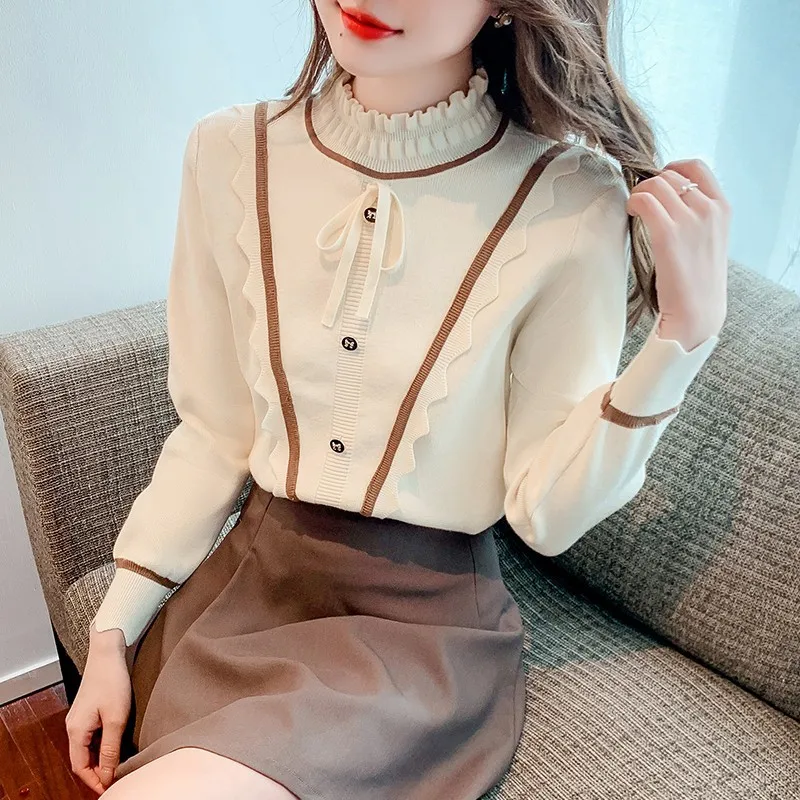 Sweet Fashion Half-high Collar Fungus Pullovers Autumn/winter Slim Fit Bow Tops Women Long Sleeve Knitted Sweater