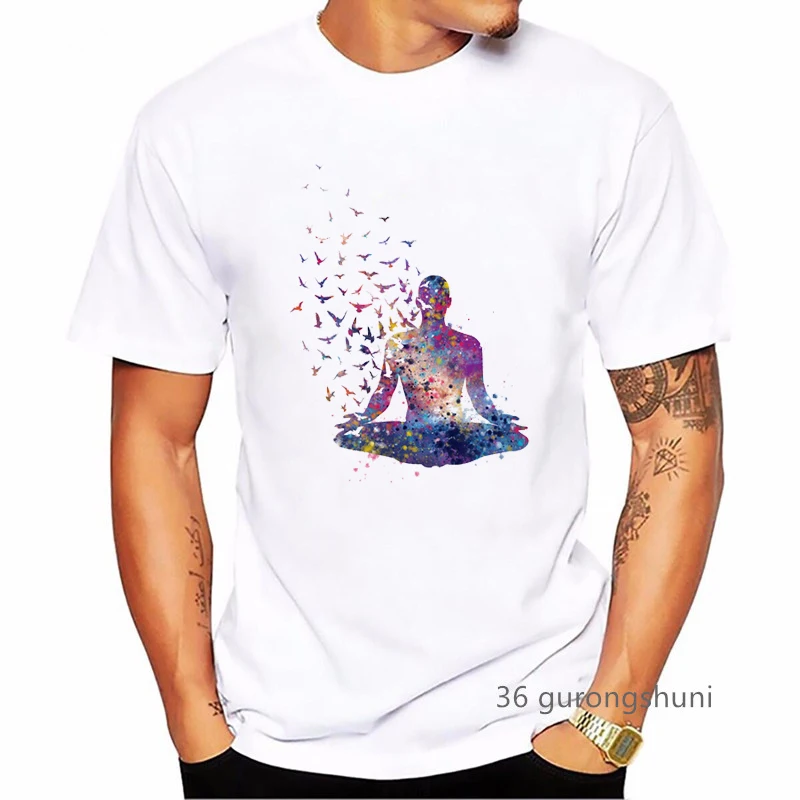 Watercolor Meditation Buddha Print Boho Zen Hobo T Shirt Men Summer Top Male Streetwear Funny Tshirt Homme White T-Shirt Graphic