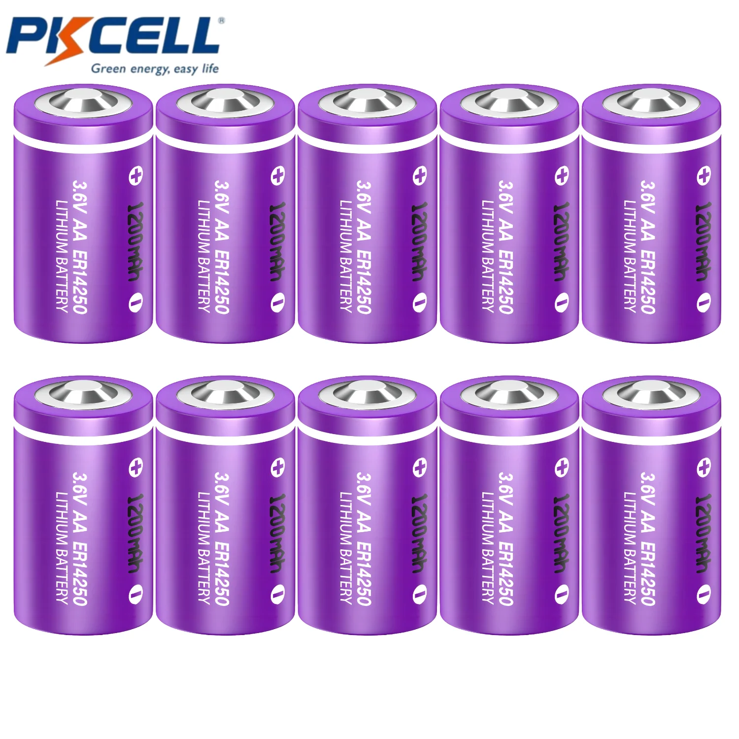 PKcell 10PC AA 3.6V Lithium Battery ER14250 3.6V 1200mAh 1/2AA Lithium Premium 2AA Lithium Button Top Standard Battery