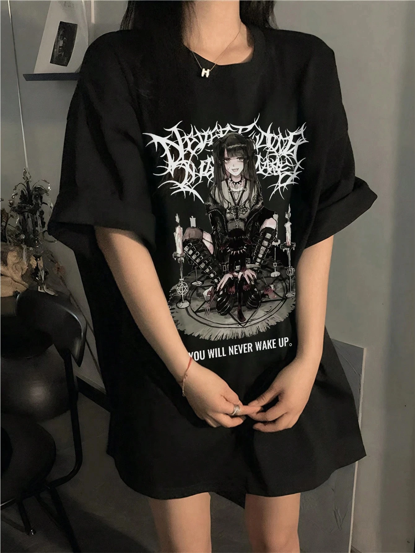Unisex Dark Aesthetic T‑Shirt Gothic Anime Witch Girl Pentagram Candle Ritual Graphic Print Y2K Punk Loose Casual Street Tee