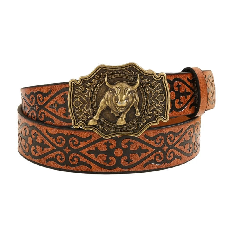 Multiple Size Adult Waist Belt with Relief Bull Head Buckle Embossed Pattern Waist Belt for Men PU Wear-Resistant Belt