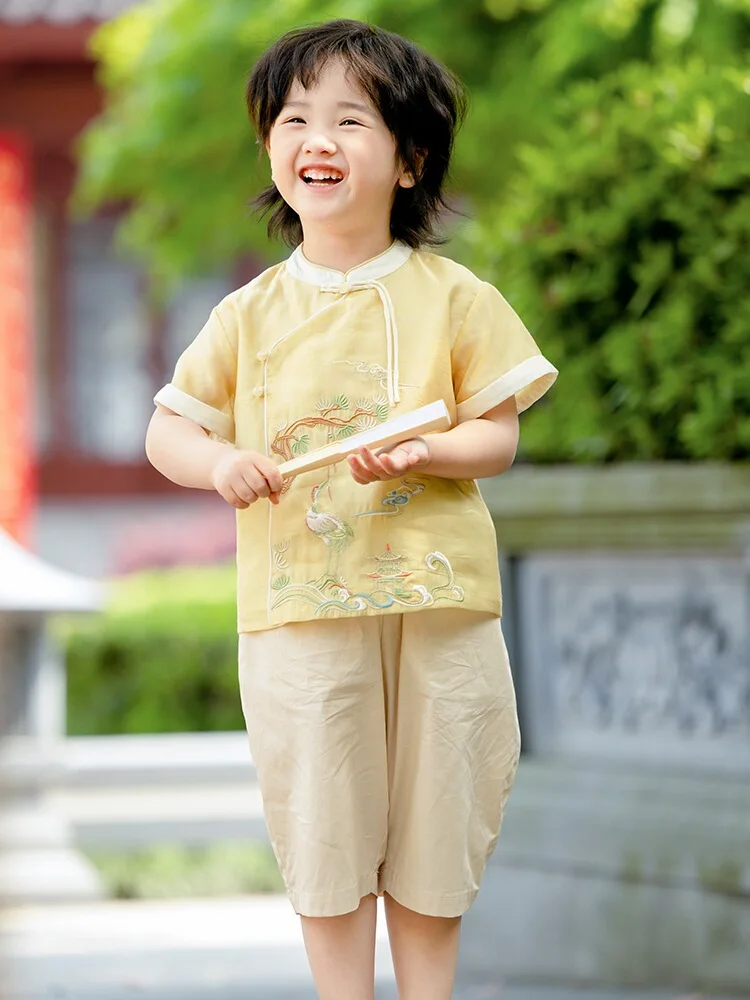 Hanfu Boys' Summer 2024 New Children's Super Cute Loose Short Sleeve Thin Short Embroidery Suit Original Tang Suit