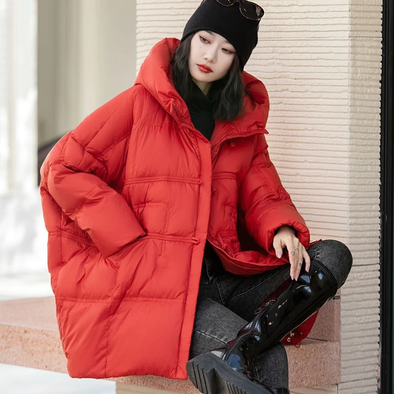 Hooded Down Jacket for Women, Warm Coat, Collision Design, Korean Version, Casual Parker Coat, Winter, New, 2024